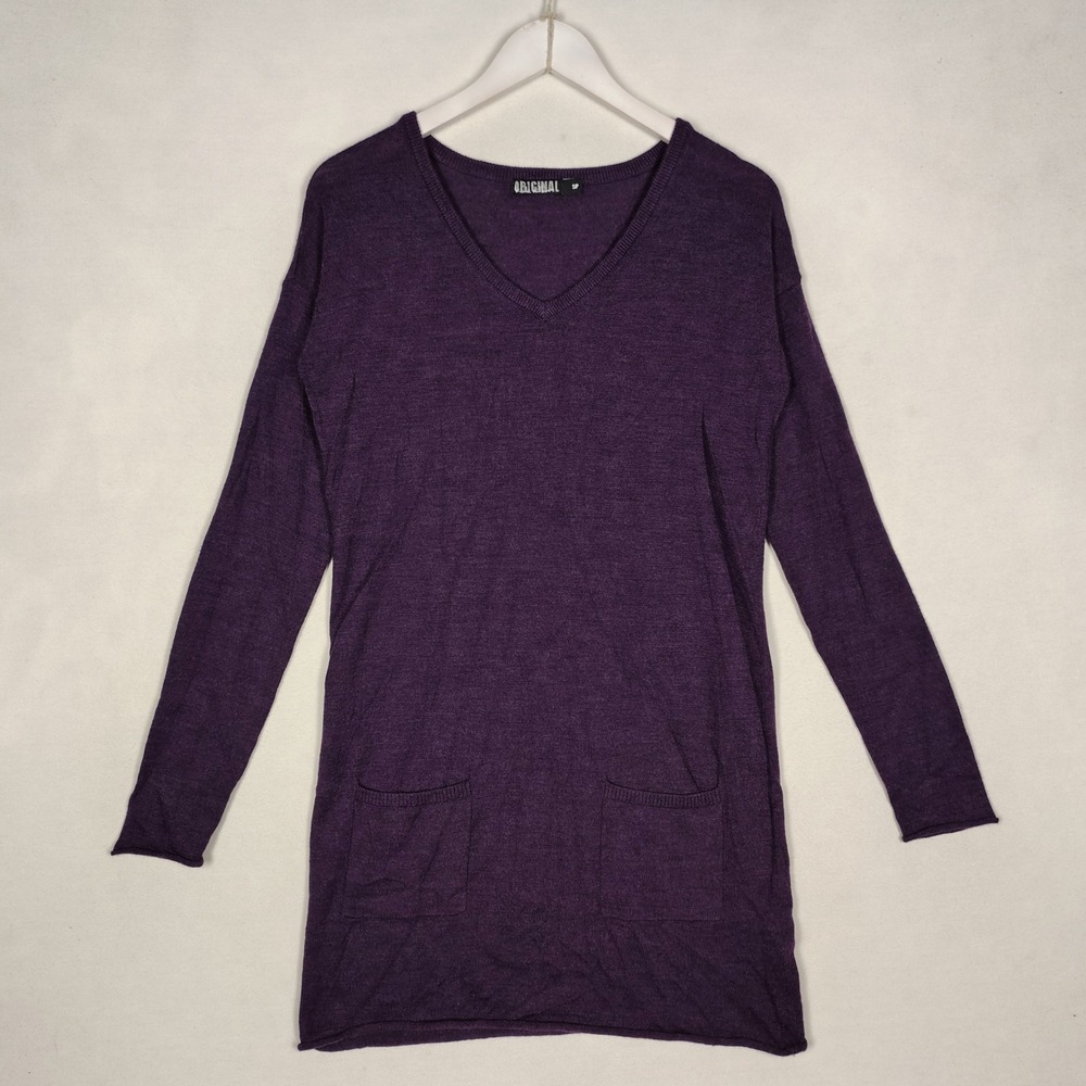 Nicole Miller Original Purple Merino Wool Blend V-Neck Tunic Sweater Pockets S